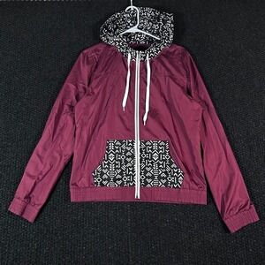 EMPYRE Windbreaker Jacket Burgundy Geometric Hooded‎ Zip Up Women's Size L